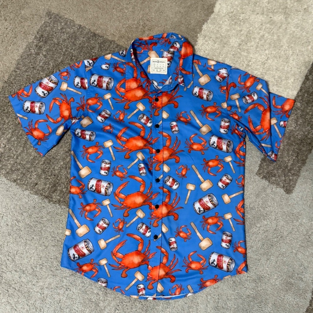 Route One‎ Apparel Mens Small Blue Maryland Crab Natty Boh Beer Mallet Shirt SS